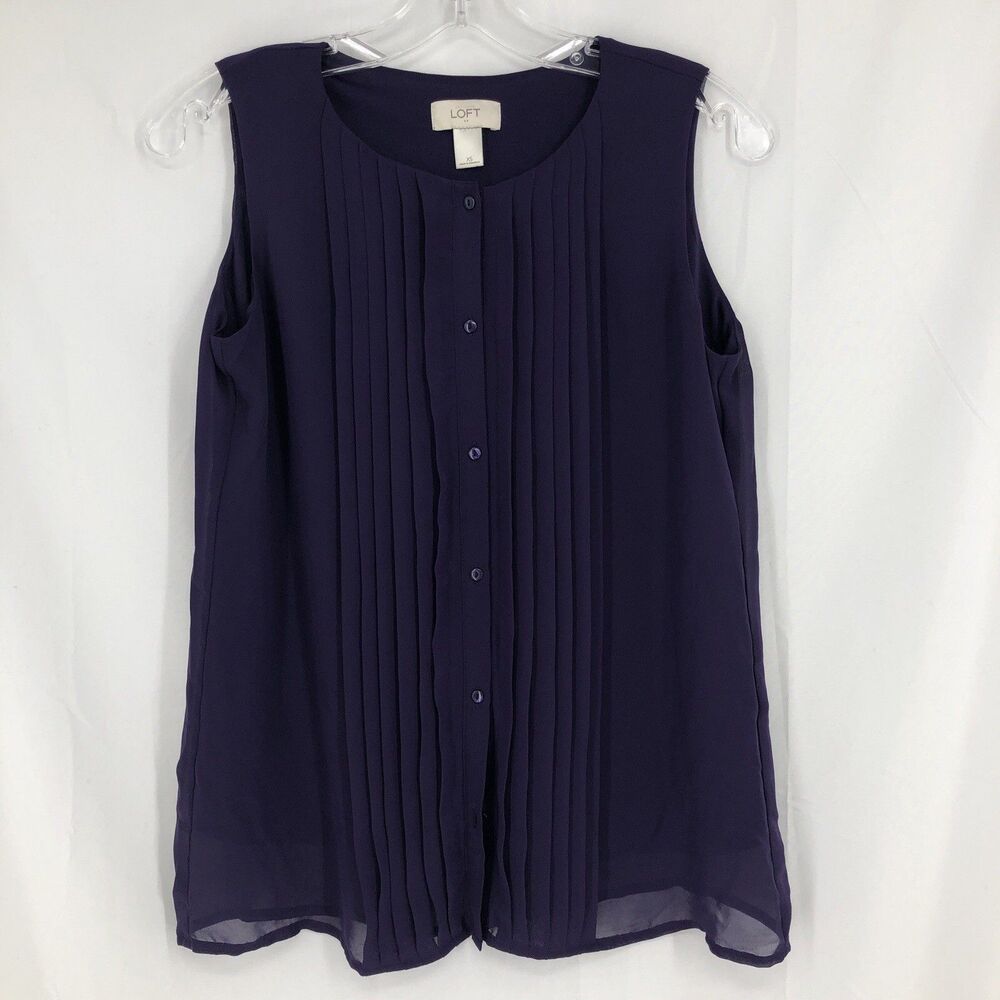 LOFT Blouse Women Sz XS Sleeveless Pleated Front Button Down Purple Chiffon